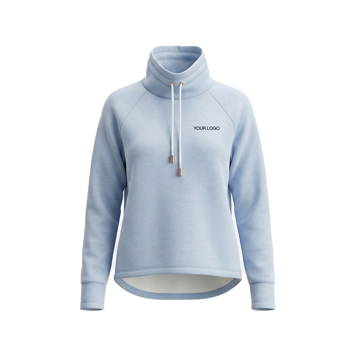 A light blue mock neck sweatshirt with white drawstrings and a small black 'YOURLOGO' text on the left chest, displayed on a clean white background.