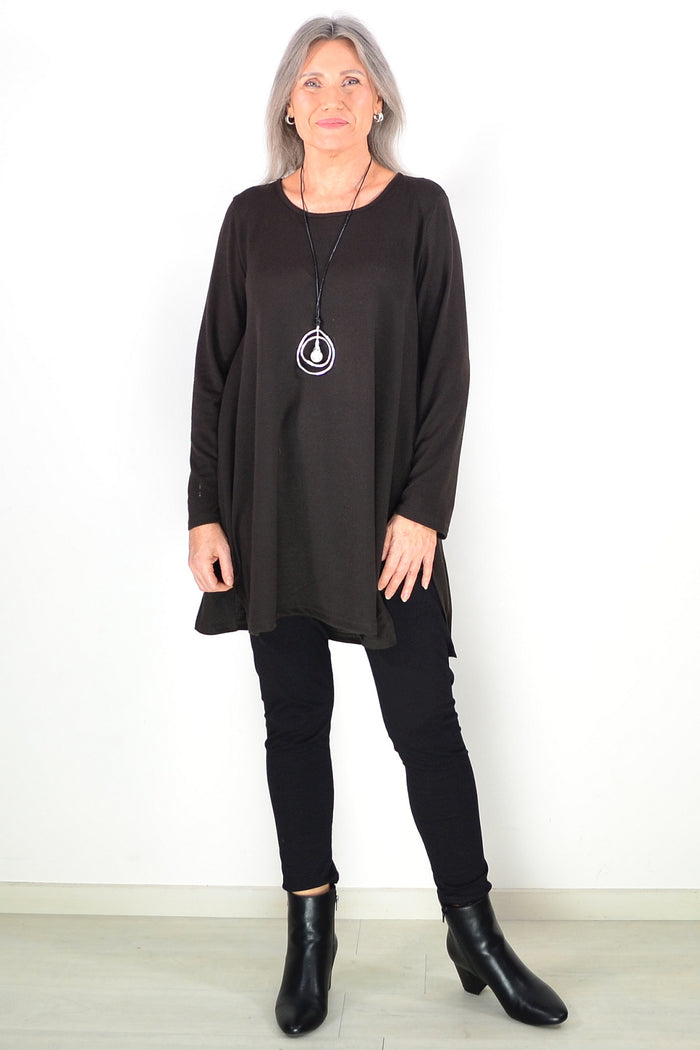 Dark brown winter fleece tunic top by Hourglass Avalon featuring a cozy, long-sleeve design and a relaxed fit.