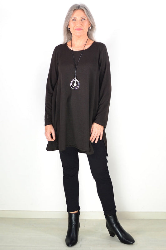 Dark brown winter fleece tunic top by Hourglass Avalon featuring a cozy, long-sleeve design and a relaxed fit.