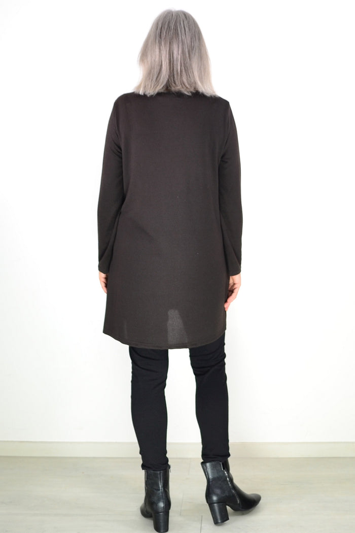 Dark brown fleece tunic top by Hourglass Avalon, showcasing a cozy winter fleece tunic with long sleeves and a relaxed fit.