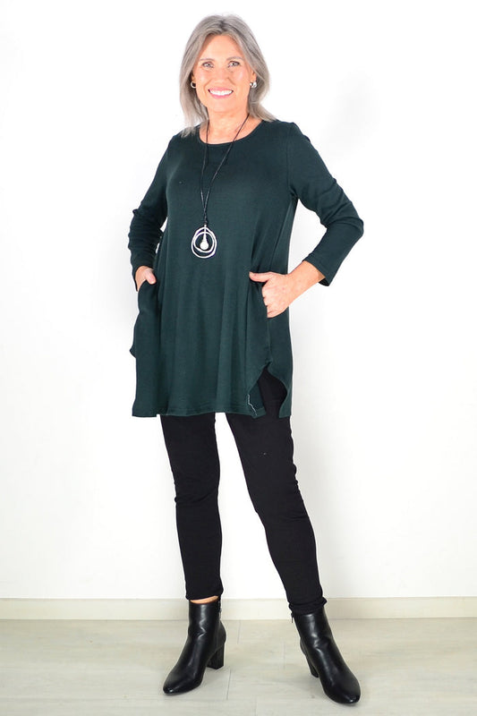 Dark green winter fleece tunic top by Hourglass Avalon, showing a cozy, long-sleeve fleece tunic with a relaxed fit.