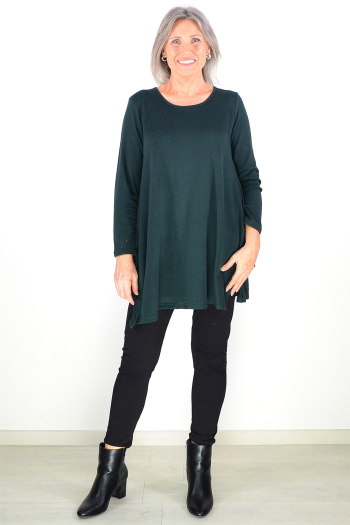 Dark green winter fleece tunic top by Hourglass Avalon, showcasing a cozy, long-sleeve design with a relaxed fit.
