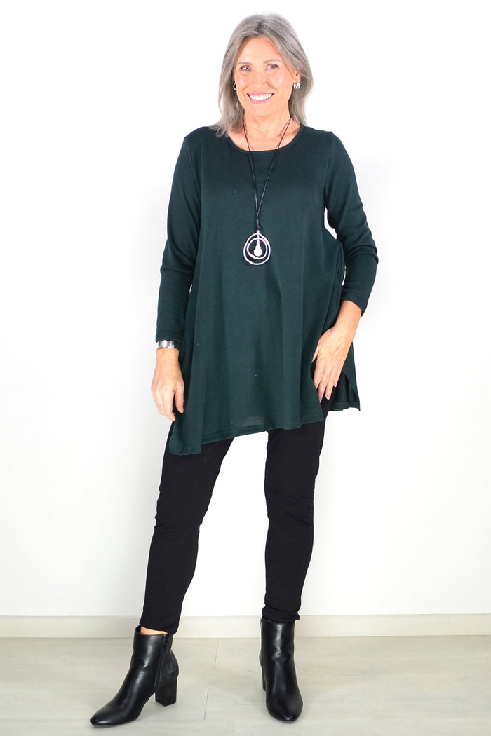 Dark green winter fleece tunic top from Hourglass Avalon, featuring a cozy, soft fabric and relaxed fit, ideal for cold weather.