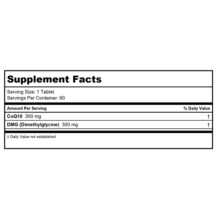 Davinci Labs - CoQ10 - DMG 300/300-60 Orange Flavored Chewable Tablets - Supplement Facts panel
