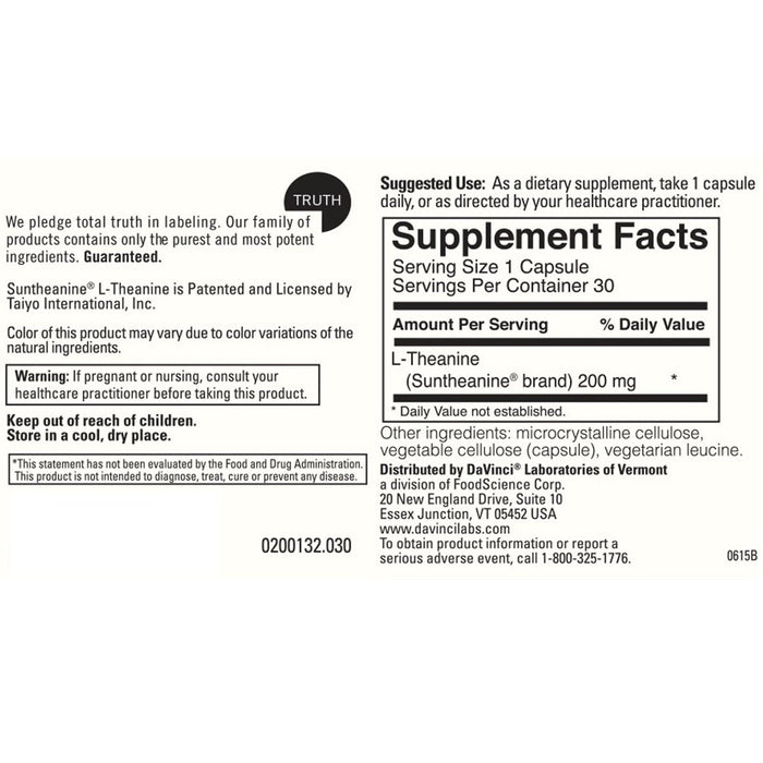 Davinci Labs - L-Theanine 200 mg 30 vcaps - Supplement Facts panel