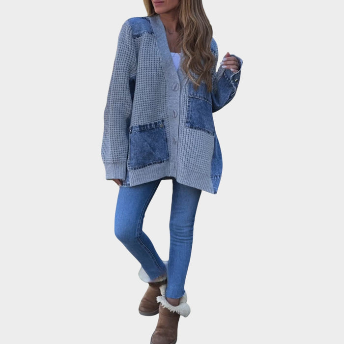 Denim-Detail Knit Cardigan Jacket
