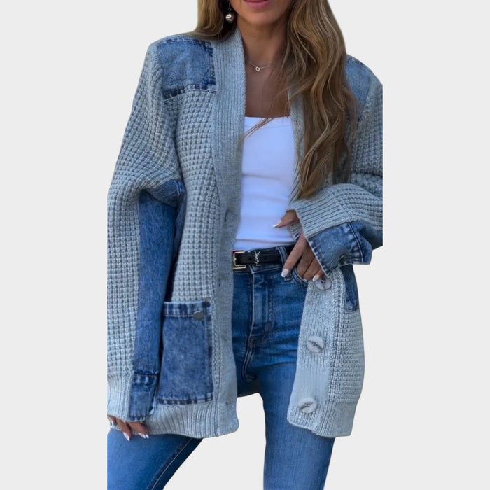 Denim-Detail Knit Cardigan Jacket