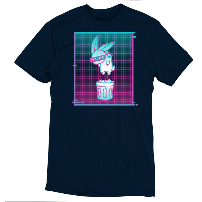 Premium Cotton T-shirt_TeeTurtle Digital Trash Bunny black t-shirt featuring an illustration of a blindfolded rabbit with "NOPE" on the blindfold, floating above a trash can. The background consists of a gradient grid pattern in teal, blue, and pink.