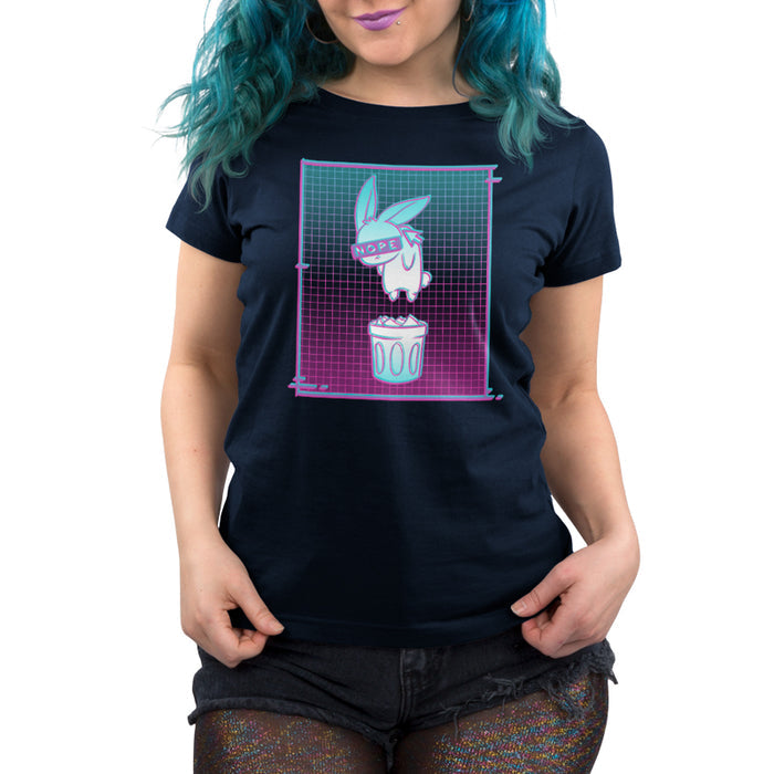 Premium Cotton T-shirt_TeeTurtle Digital Trash Bunny black t-shirt featuring an illustration of a blindfolded rabbit with "NOPE" on the blindfold, floating above a trash can. The background consists of a gradient grid pattern in teal, blue, and pink.