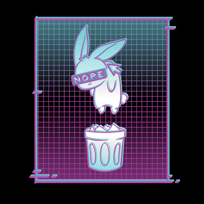 Classic Cotton T-shirt_TeeTurtle Digital Trash Bunny black t-shirt featuring an illustration of a blindfolded rabbit with "NOPE" on the blindfold, floating above a trash can. The background consists of a gradient grid pattern in teal, blue, and pink.