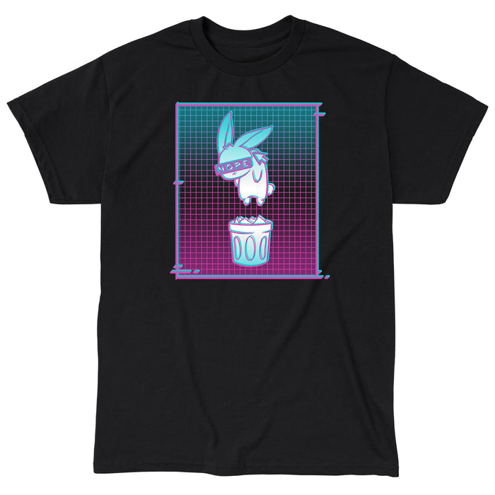 Classic Cotton T-shirt_TeeTurtle Digital Trash Bunny black t-shirt featuring an illustration of a blindfolded rabbit with "NOPE" on the blindfold, floating above a trash can. The background consists of a gradient grid pattern in teal, blue, and pink.