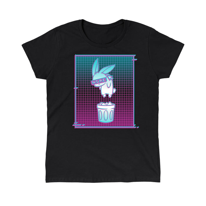 Classic Cotton T-shirt_TeeTurtle Digital Trash Bunny black t-shirt featuring an illustration of a blindfolded rabbit with "NOPE" on the blindfold, floating above a trash can. The background consists of a gradient grid pattern in teal, blue, and pink.