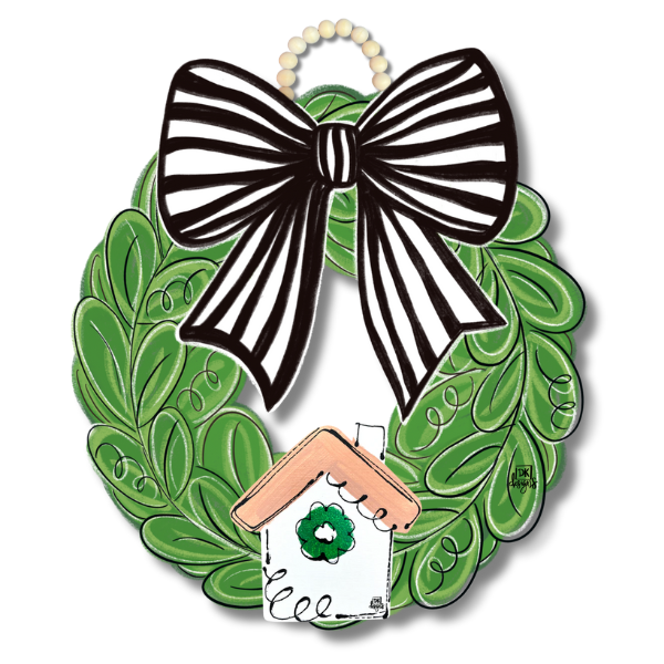 Door Hanger Wreath Black & White Bow - room for Mini