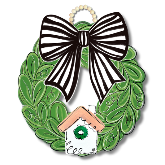 Door Hanger Wreath Black & White Bow - room for Mini