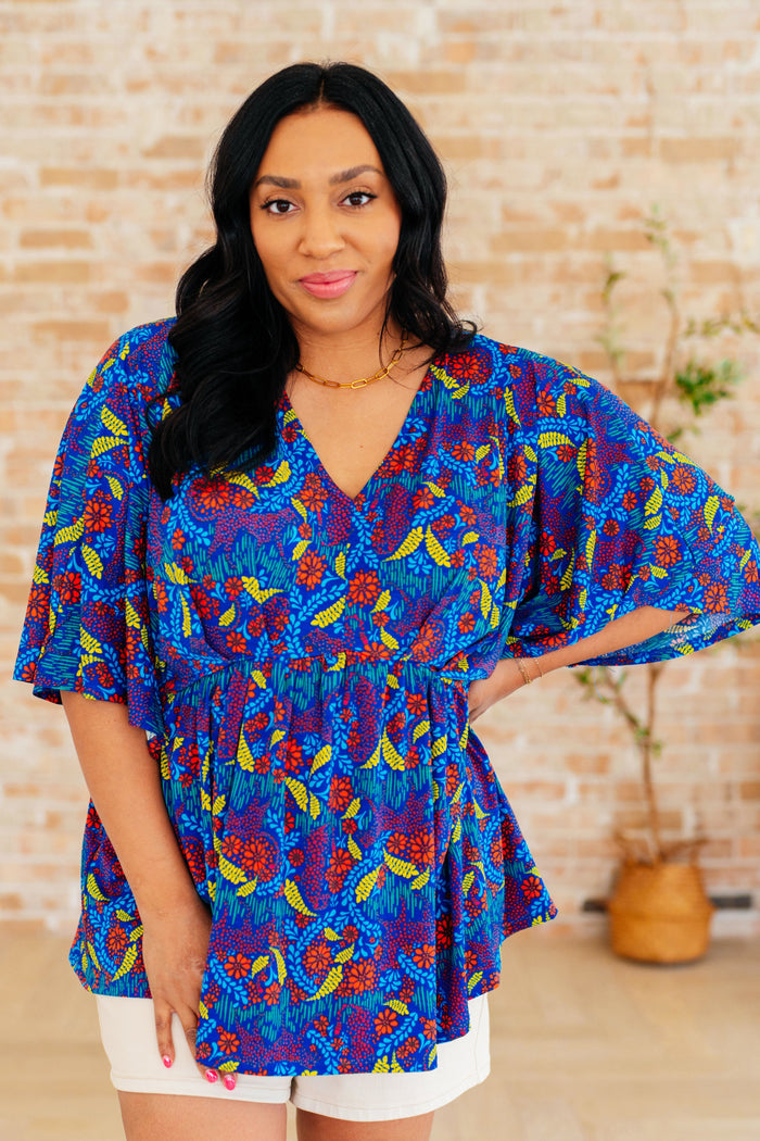 Dreamer Peplum Top in Royal and Red Abstract by Dear Scarlett