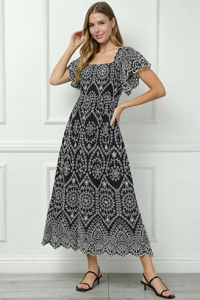 DRESS EMBROIDERY FLUTTER SLEEVE MAXI