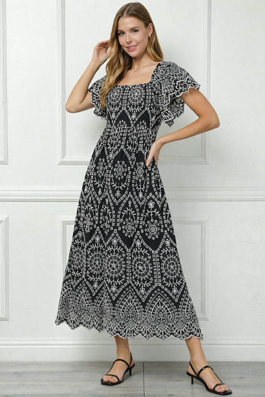 DRESS EMBROIDERY FLUTTER SLEEVE MAXI