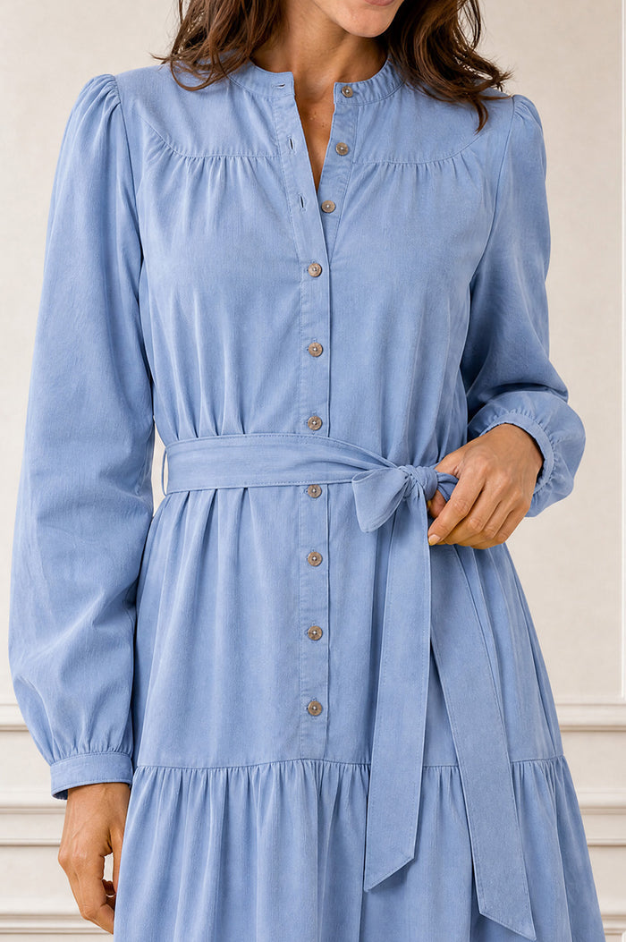 Dropped Waist Baby Cord Midi Dress | Ice Blue
