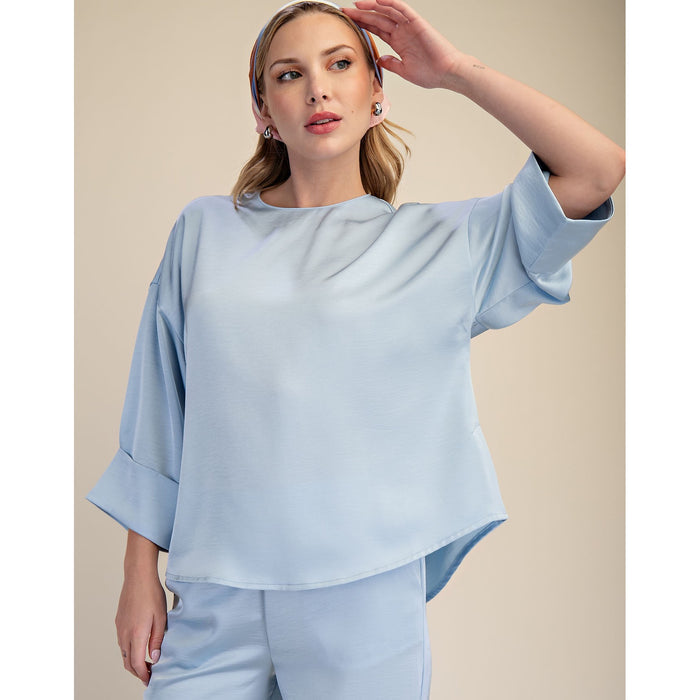Dusty Blue Wide Sleeve Blouse – Relaxed Fit Top 8862