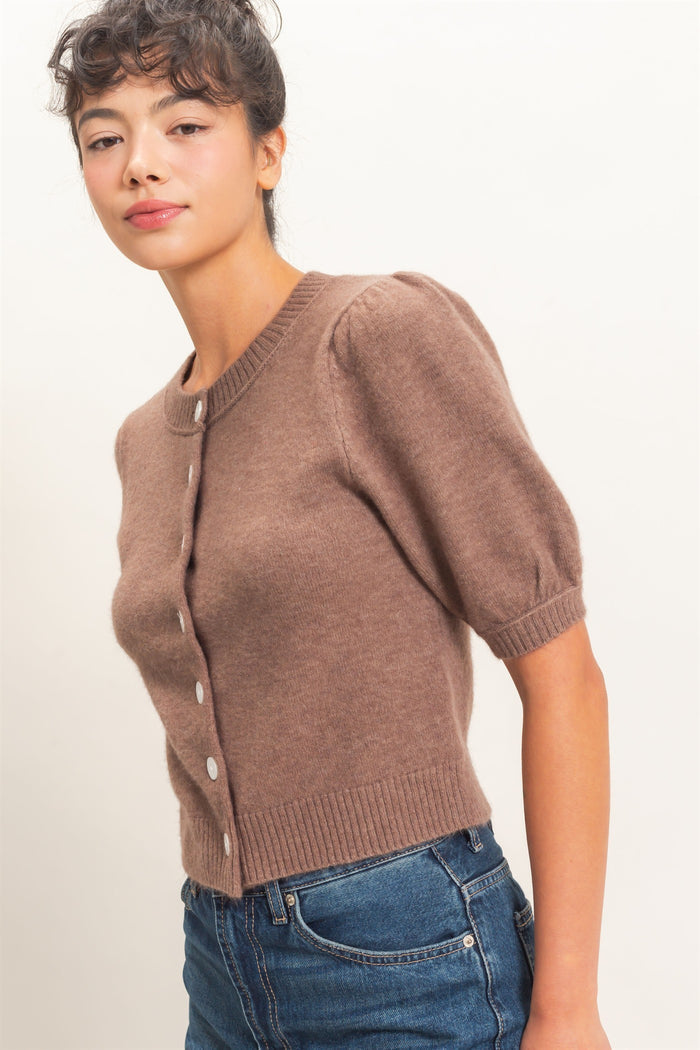 DZ-Button Front Puff Sleeve Knit Cardigan 960 – Ash Brown