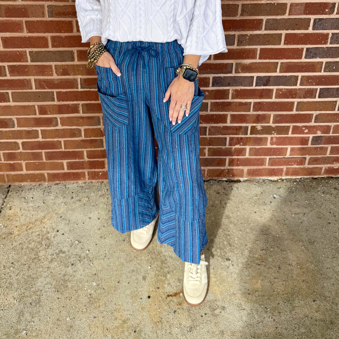 Easel - Textured, High Waist, Wide Leg Pants 0011 - Blue