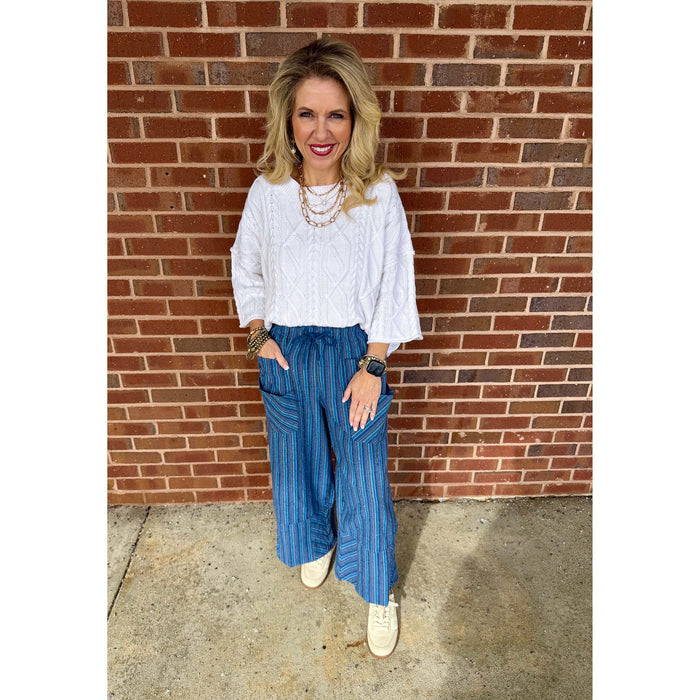 Easel - Textured, High Waist, Wide Leg Pants 0011 - Blue