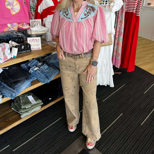 Easel - Western Printed Stretch Twill Pants 6764 - Latte.