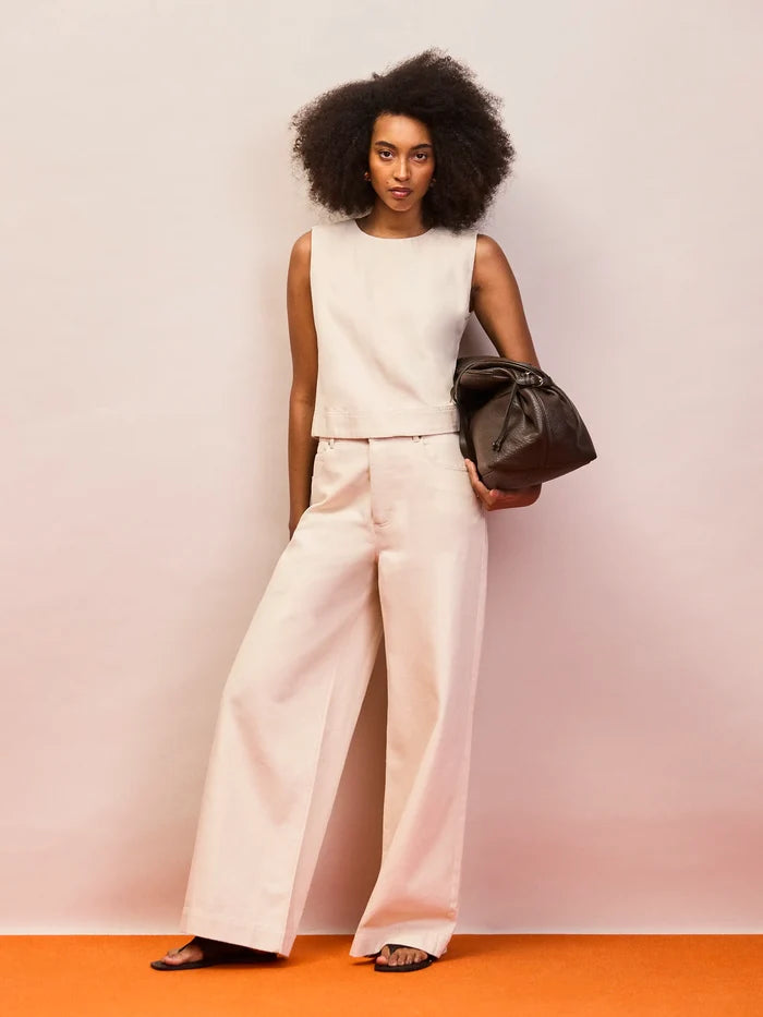 Ecru cotton twill wide leg jeans high rise front view