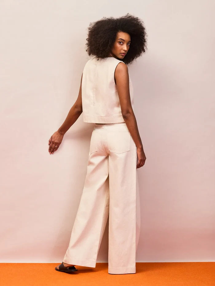 Ecru cotton twill wide leg jeans back view