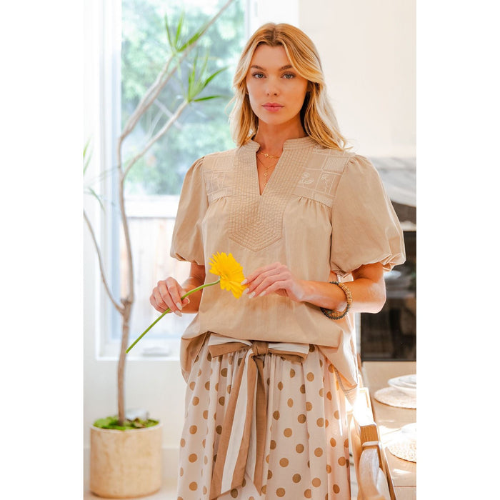 EL - Puff Sleeve, Relax Fit, Denim Top w Embroidered Detail 9730 - Khaki