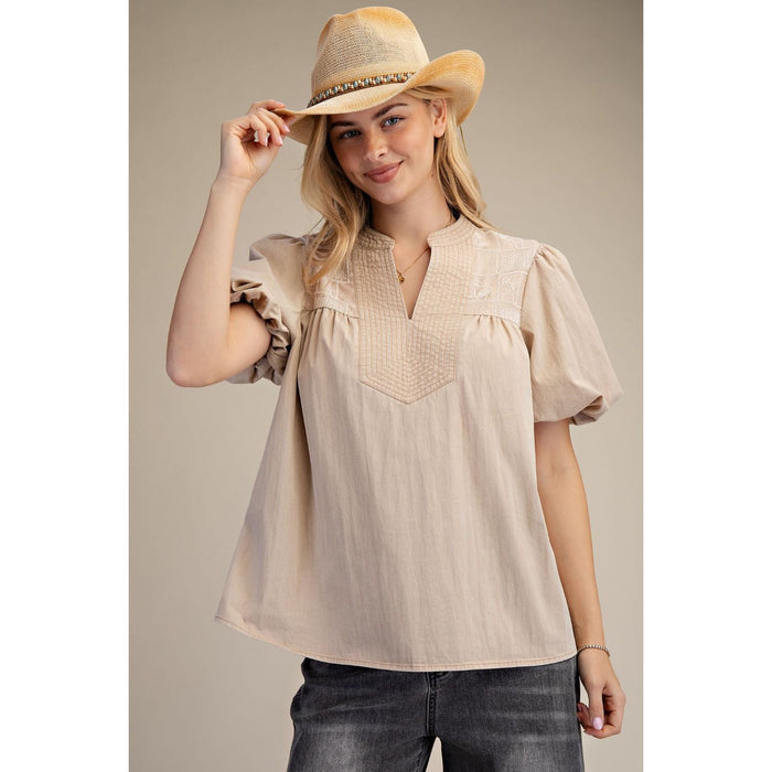 EL - Puff Sleeve, Relax Fit, Denim Top w Embroidered Detail 9730 - Khaki
