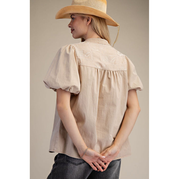 EL - Puff Sleeve, Relax Fit, Denim Top w Embroidered Detail 9730 - Khaki