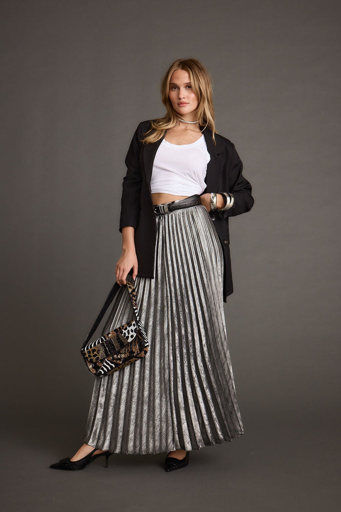 Metallic metallic pleated maxi skirt with refined accents, a lace maxi skirt essential.