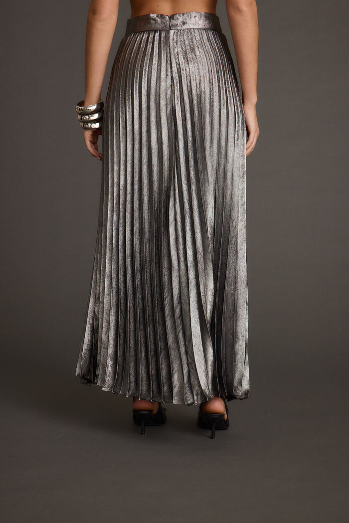 Back view of the metallic metallic maxi skirt showing the silhouette and fit.