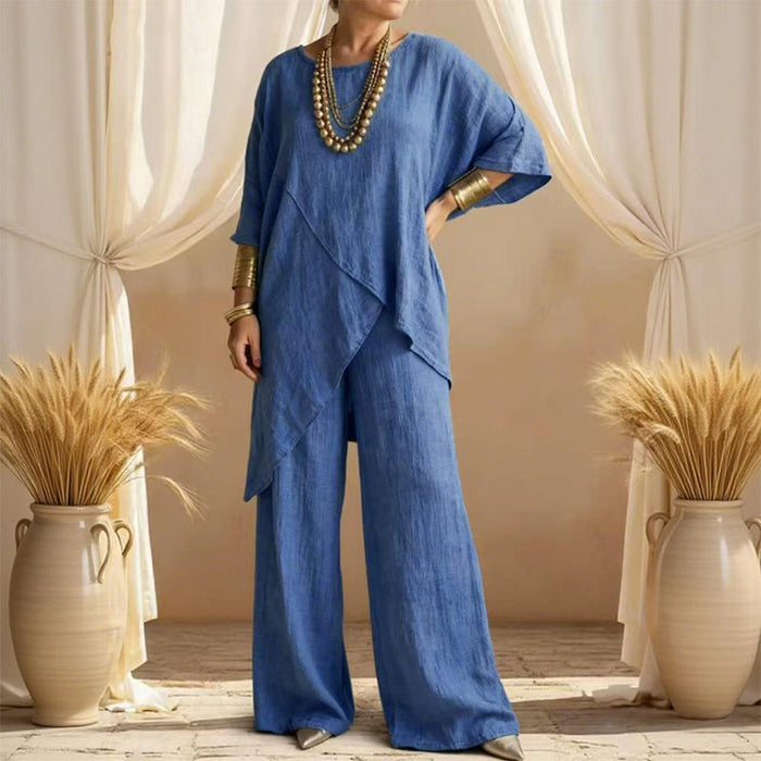 Eliune - Ensemble Femme Deux Pièces Haut Asymétrique et Pantalon Large Fluide
