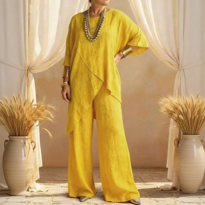 Eliune - Ensemble Femme Deux Pièces Haut Asymétrique et Pantalon Large Fluide