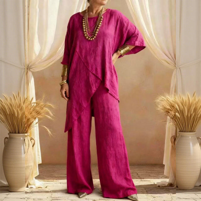 Eliune - Ensemble Femme Deux Pièces Haut Asymétrique et Pantalon Large Fluide