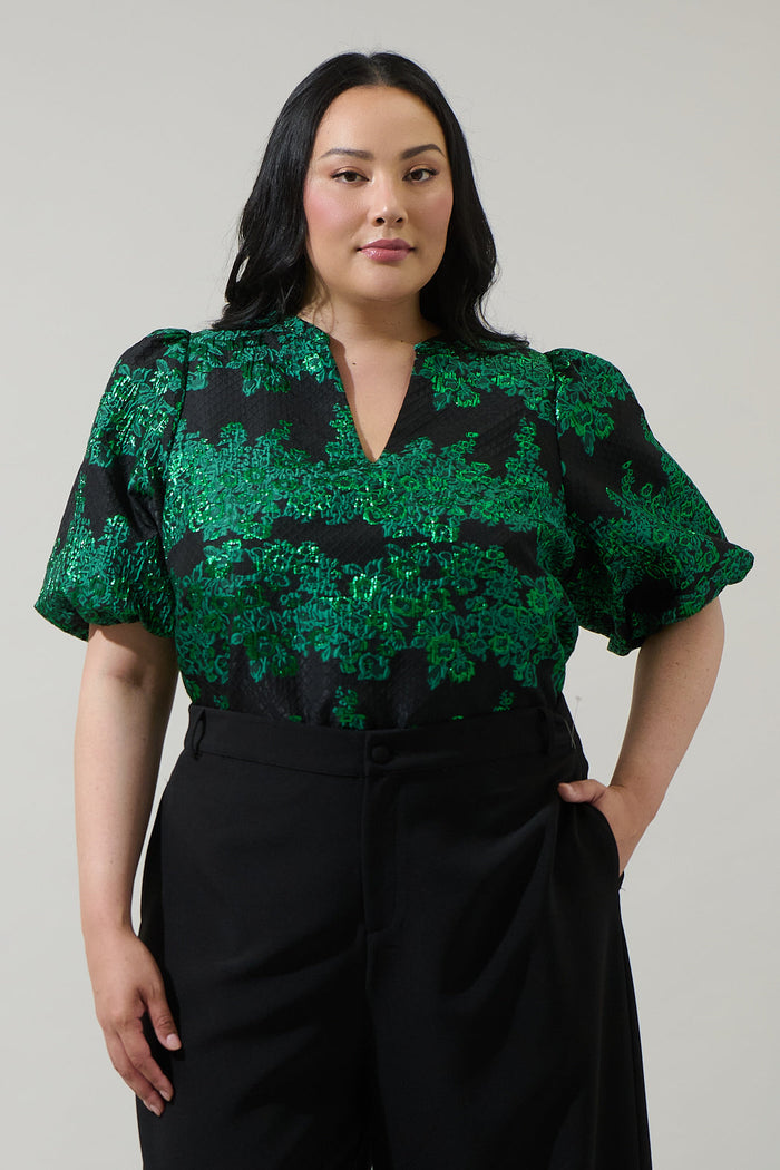Elyna Jacquard Tavia Split Neck Top Curve
