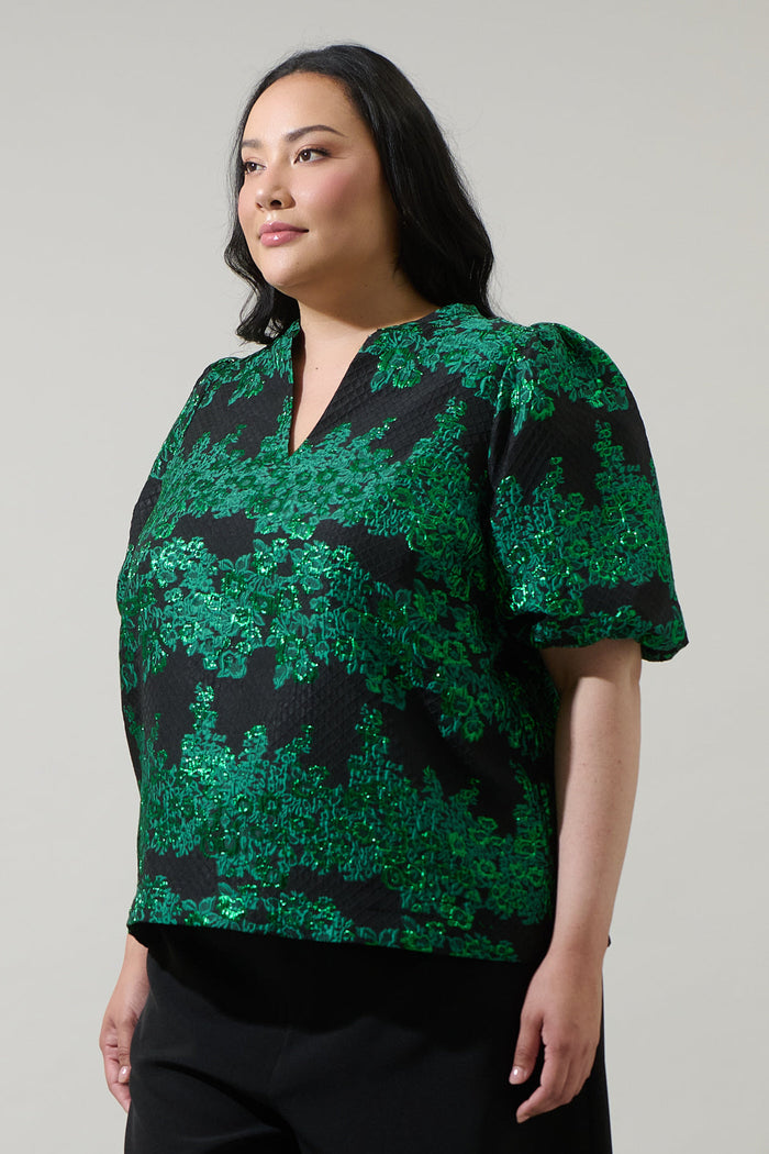 Elyna Jacquard Tavia Split Neck Top Curve