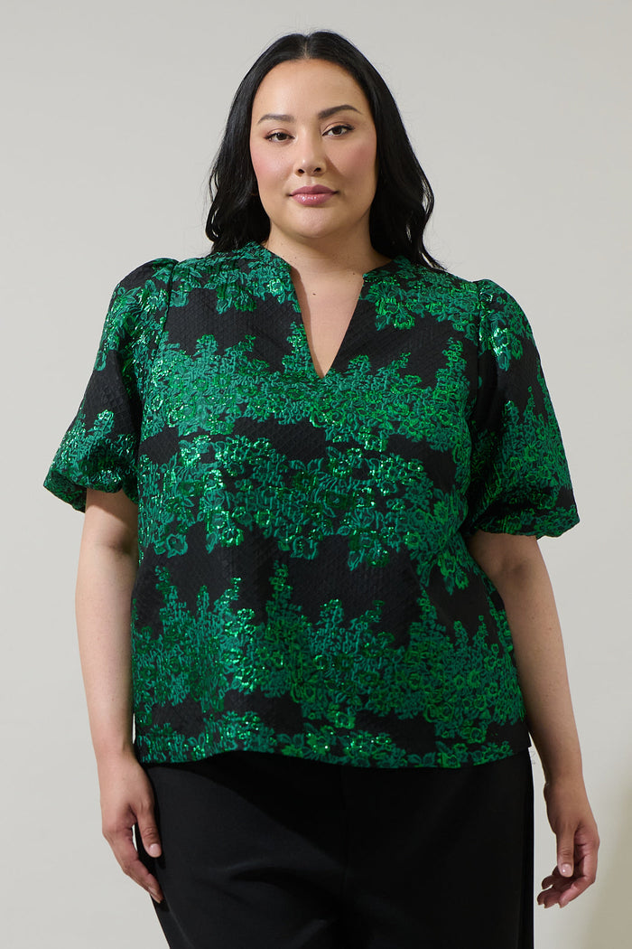 Elyna Jacquard Tavia Split Neck Top Curve