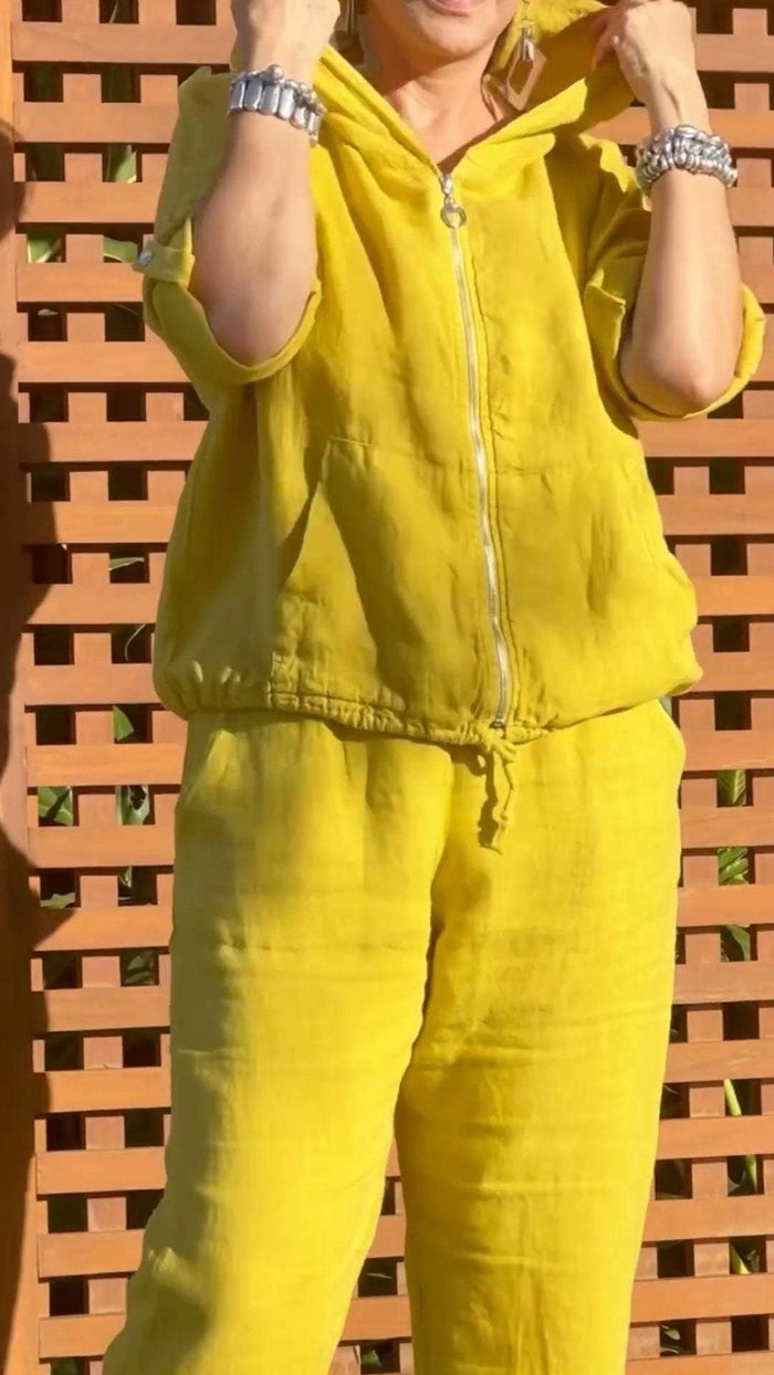 Elyraxa - Ensemble femme capuche zip coton lin coupe ample été