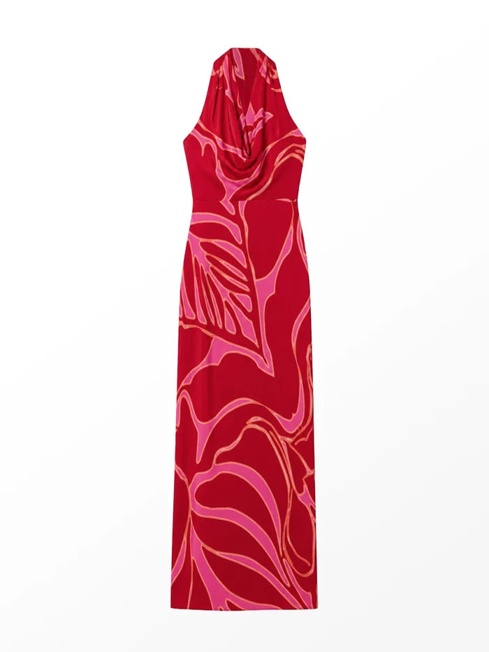 Emilia Red Floral Halter Neck Dress Occasionwear Dress