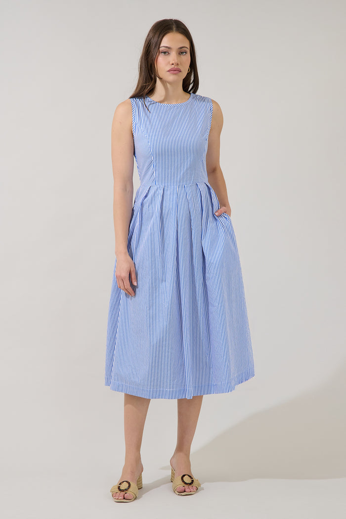 Emily Pleated Sleeveless Midi Dress Sherah Striped