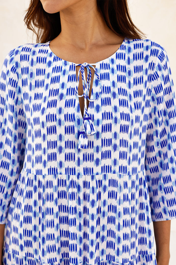 Emma EcoVero™ Midi Dress | Ikat Blue/White - Aspiga
