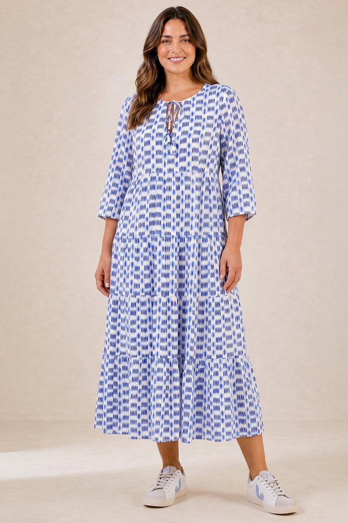 Emma EcoVero™ Midi Dress | Ikat Blue/White