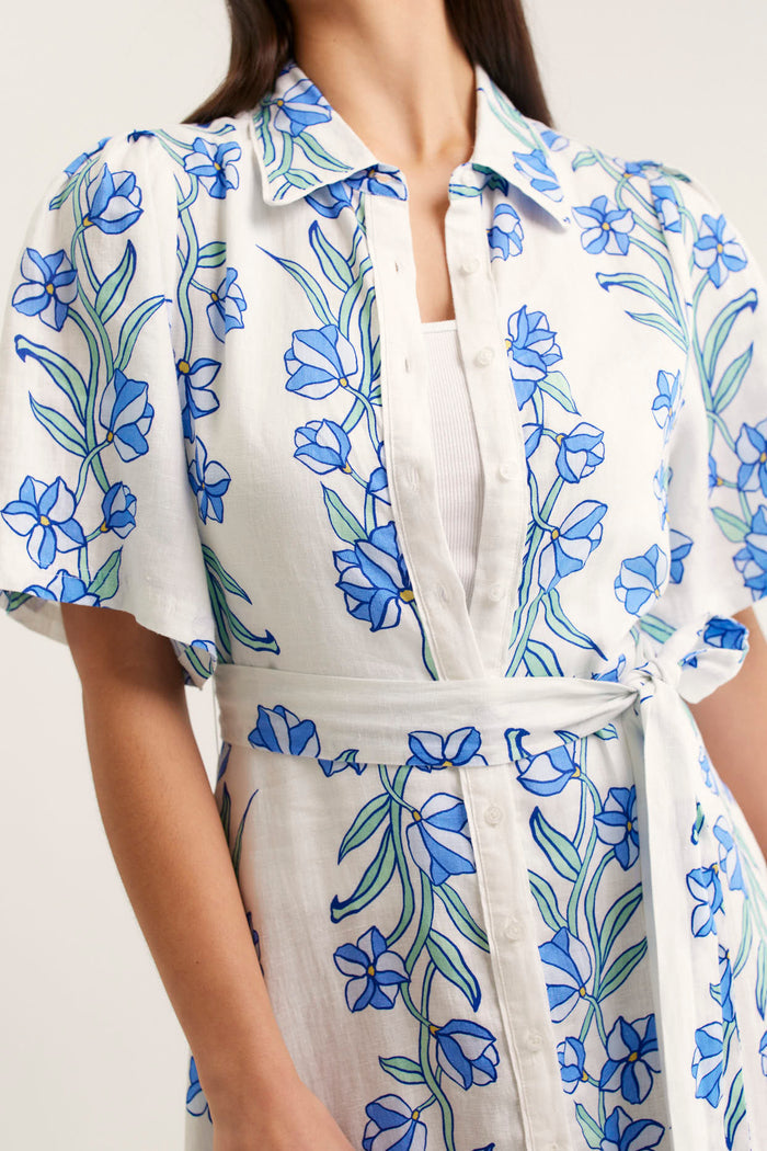 Emma Linen Dress In Blue Vine Print