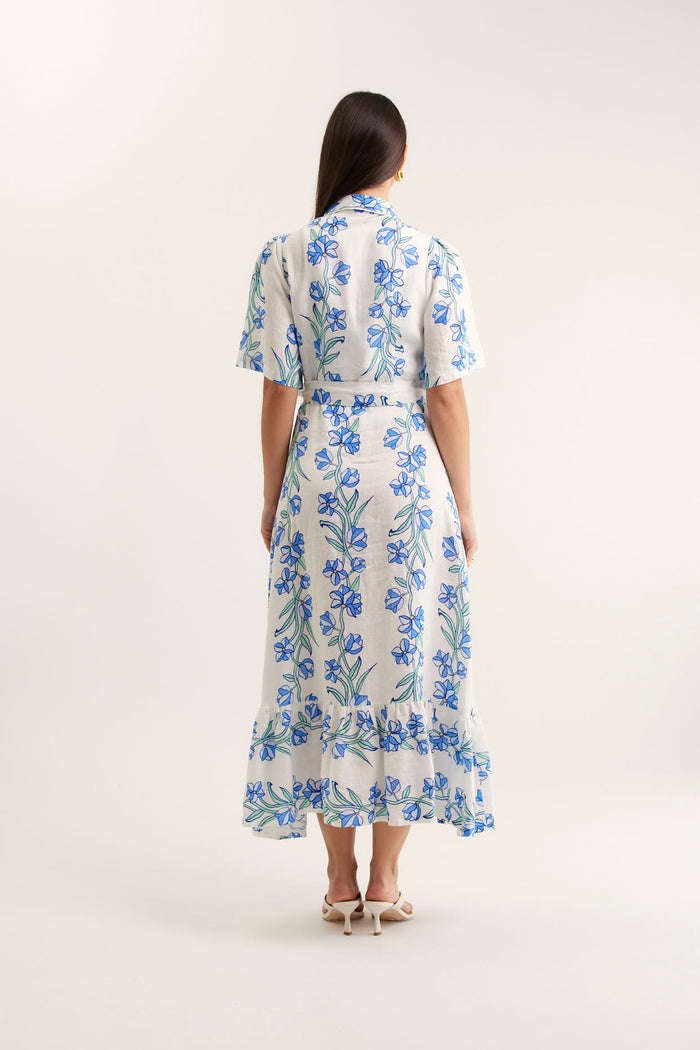 Emma Linen Dress In Blue Vine Print