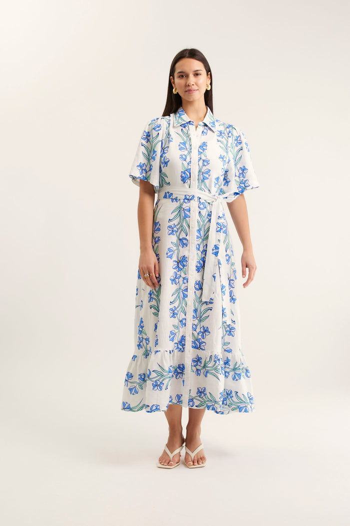 Emma Linen Dress In Blue Vine Print