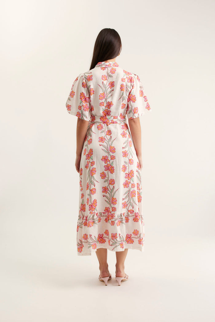 Emma Linen Dress In Pink Vine Print