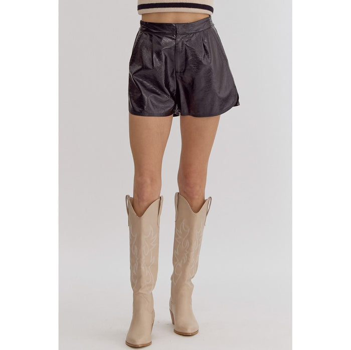 ENTRO -  Metallic Texture, High Waisted Shorts w Pockets 1952 - Black